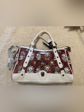 Ed Hardy White and Red Skull-Print Shoulder Bag Y2K 90s Style